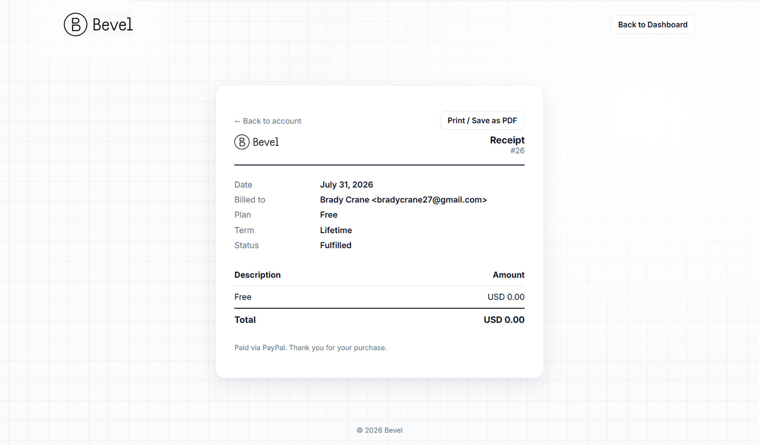 Bevel Orders Receipt