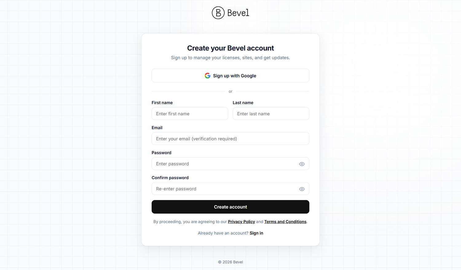 Bevel Signup Page